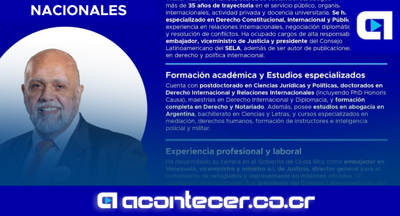 Walter Rubén Hernández Juárez es el primer candidato en la papeleta presidencial, postulado por el partido Justicia Social Costarricense.